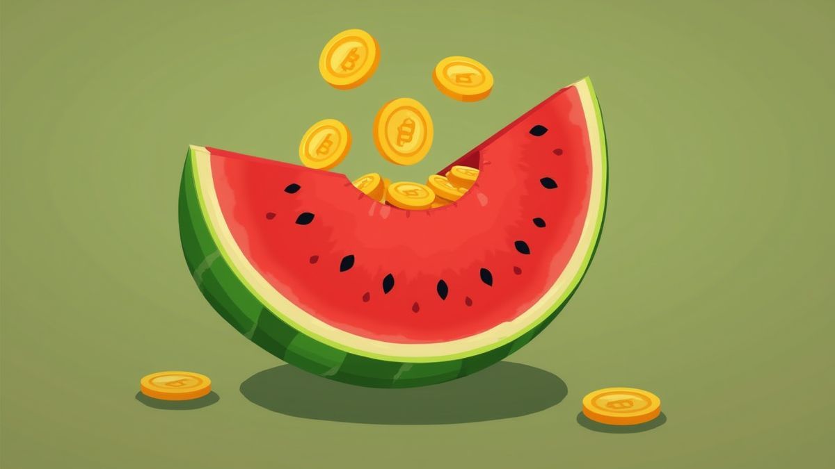 Animated watermelon splitting open with coins inside.
