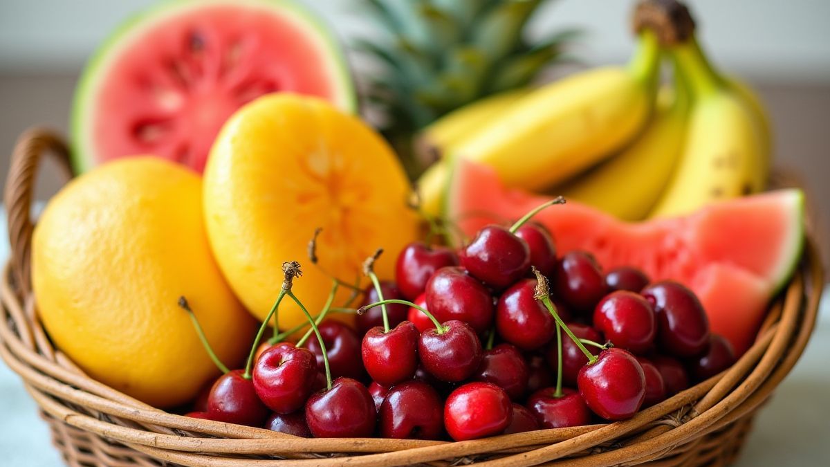 Una cesta tropical llena de frutas frescas y coloridas.