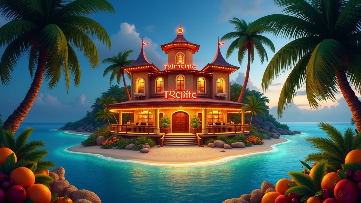 Un casino en una isla tropical rodeado de frutas y palmeras.