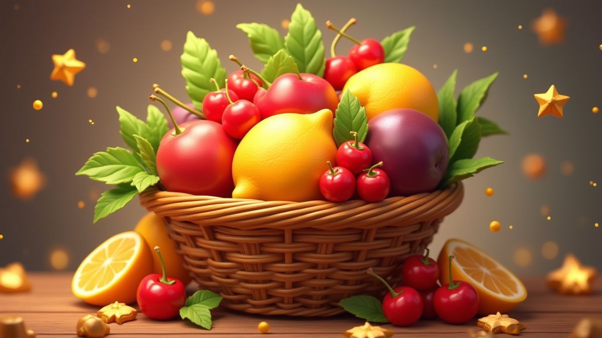 Una cesta animada de frutas rodeada de campanas doradas y estrellas.