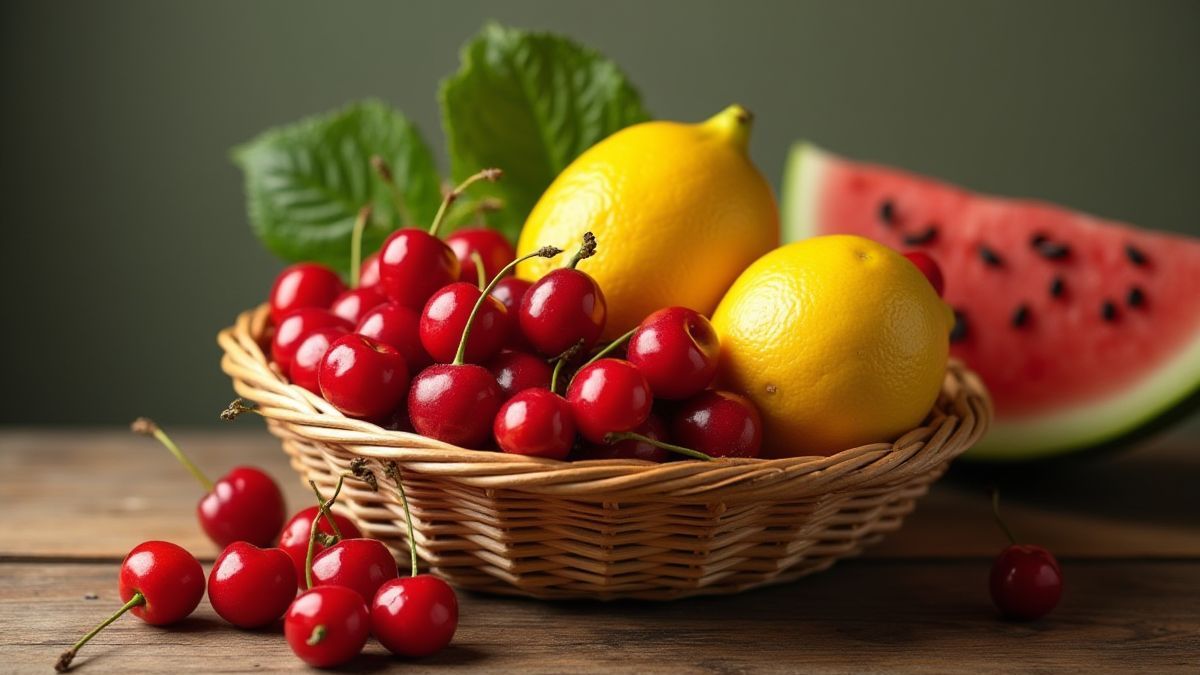 Cesta de frutas retro en una mesa de madera.