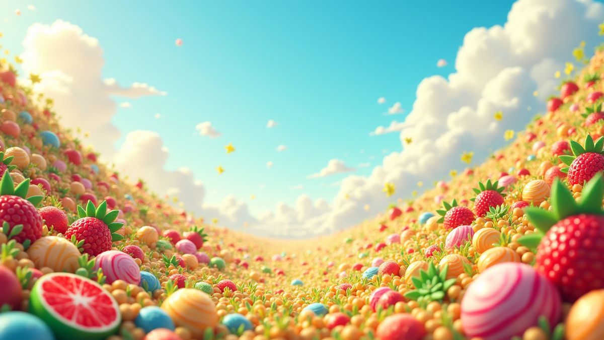 A vibrant landscape of animated fruits and sweets