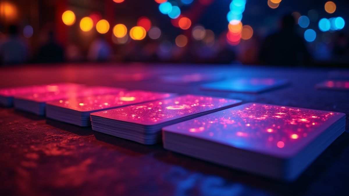 A card table with vibrant colors and a glowing deck
