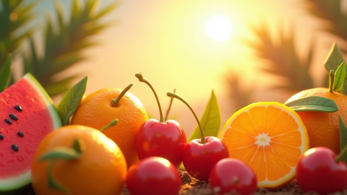 Fruits tropicaux brillants sous un ciel ensoleillé.