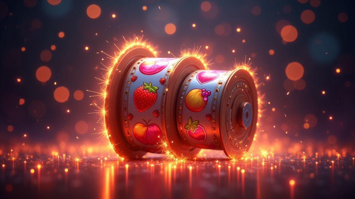 Roues tournantes entourées de paillettes et de symboles de fruits magiques.