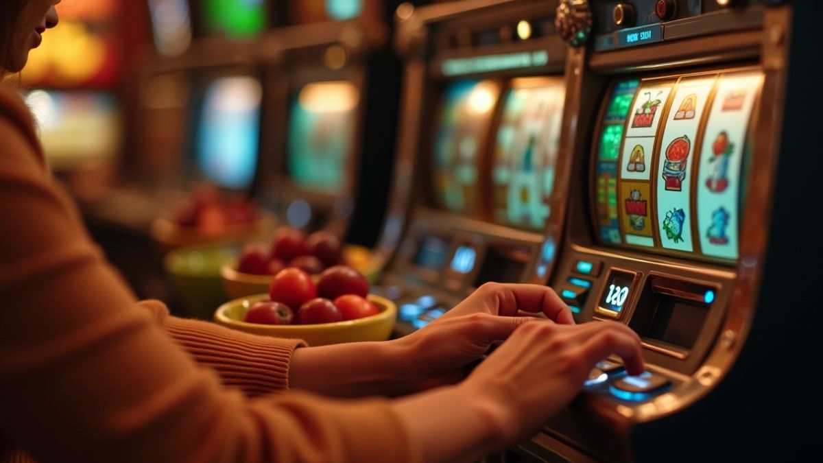 Une personne jouant sur une machine à sous entourée de fruits tropicaux.