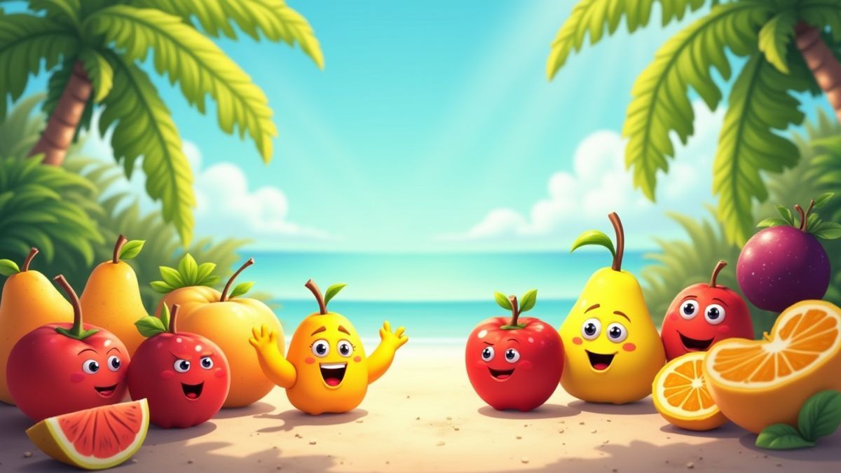 Frutas tropicais animadas em uma ilha ensolarada.