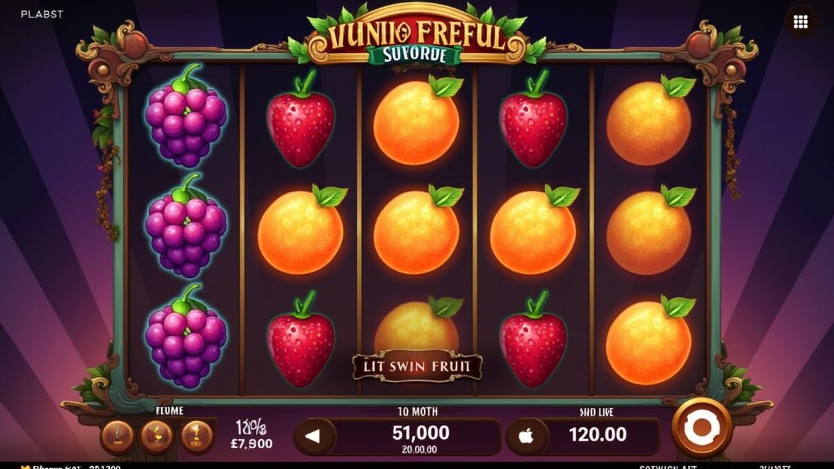 Tela de slot mostrando uma combinação vencedora de frutas brilhantes.