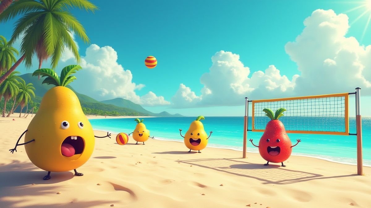 Frutas animadas en una playa tropical.