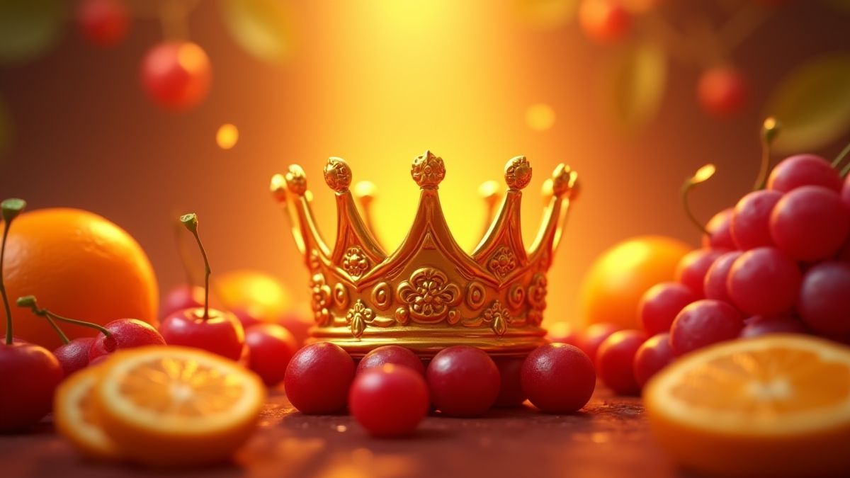 Eine goldene Krone umgeben von saftigen Früchten.