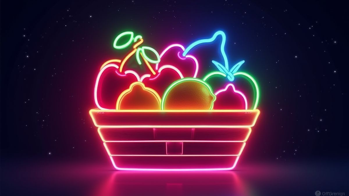 Fruits néon brillants dans un panier sous un fond étoilé