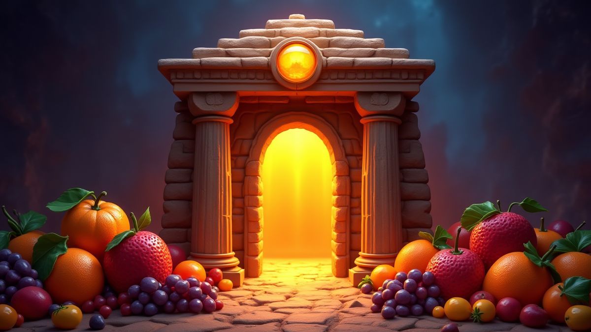Ingang van een Egyptische tombe met fruitsymbolen eromheen.