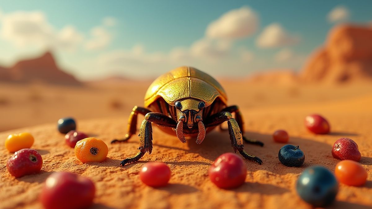 Goldener Scarab umgeben von bunten Früchten in einer Wüstenlandschaft.
