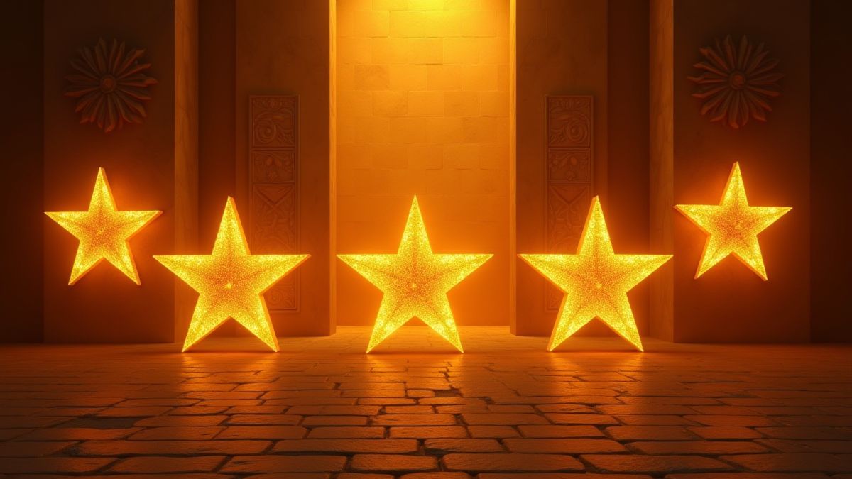 Fünf goldene Sterne leuchten hell über einer Wand eines ägyptischen Palastes.