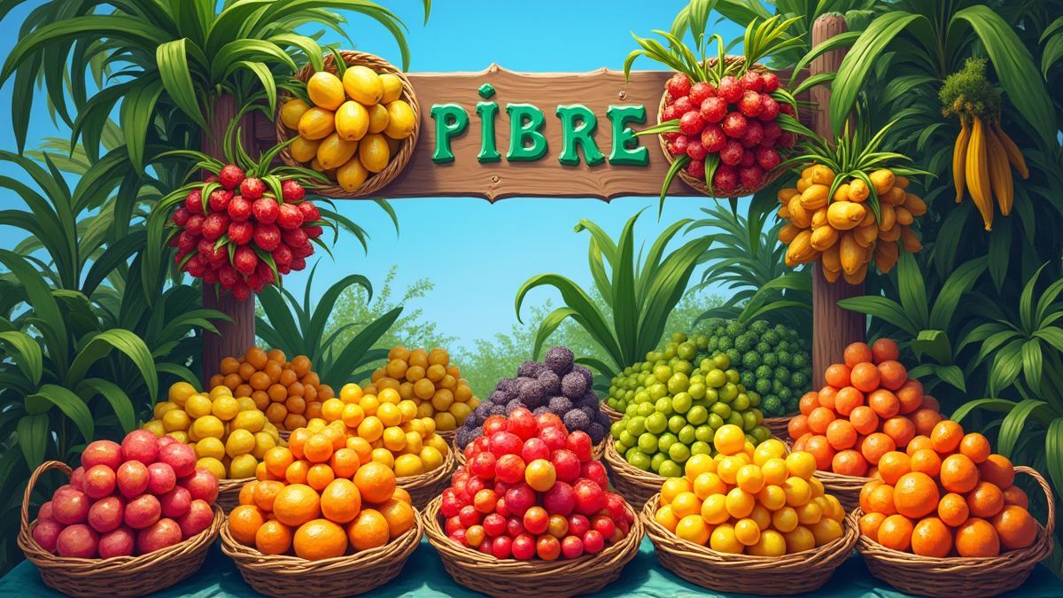 A tropical fruit stand with baskets full of colorful fruits under a blue sky.