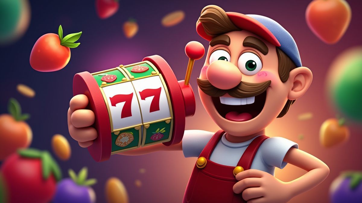 A cheerful casino player spinning the reels of a slot surrounded by colorful fruit symbols.