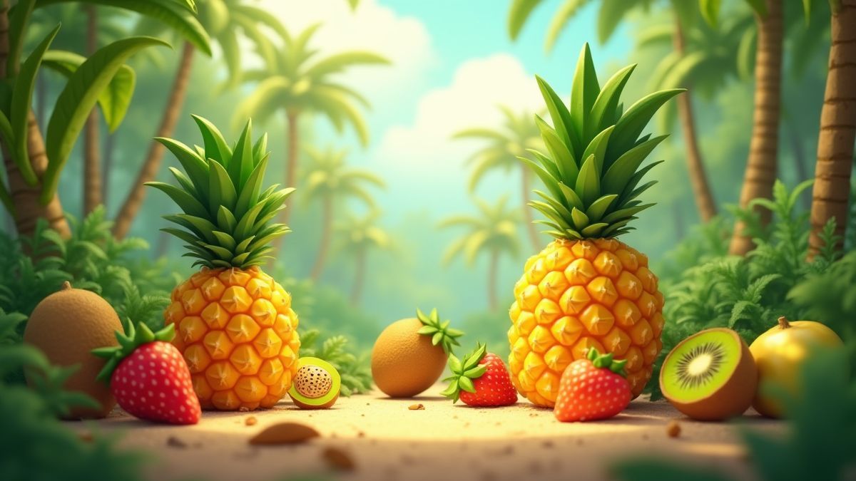 Cena tropical com frutas animadas como abacaxis, morangos e kiwis em uma selva ensolarada.