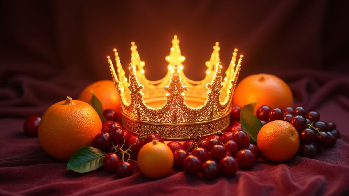 Goldene Krone umgeben von Orangen, Kirschen und Trauben.