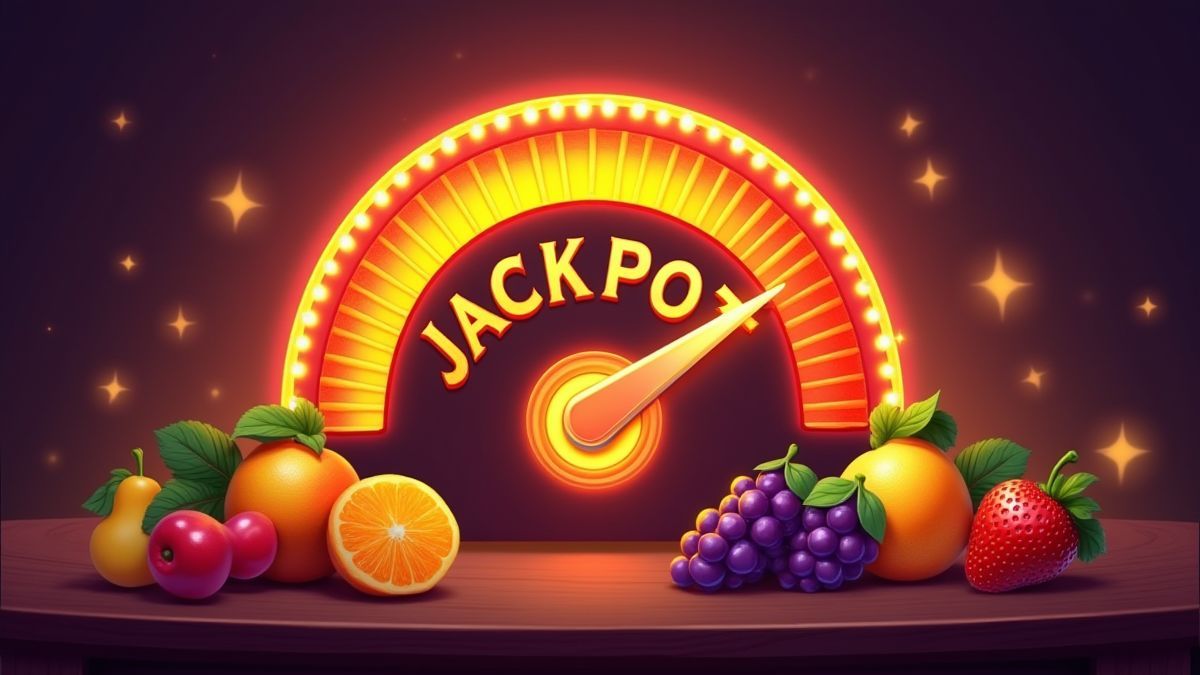 Mètre de jackpot entouré de fruits caricaturaux
