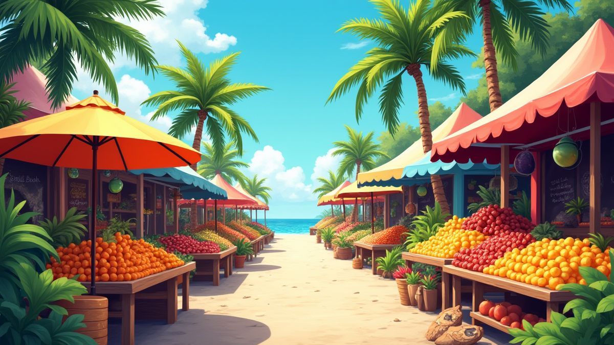 Tropische markt met kleurrijke vruchten en palmbomen onder de zon.