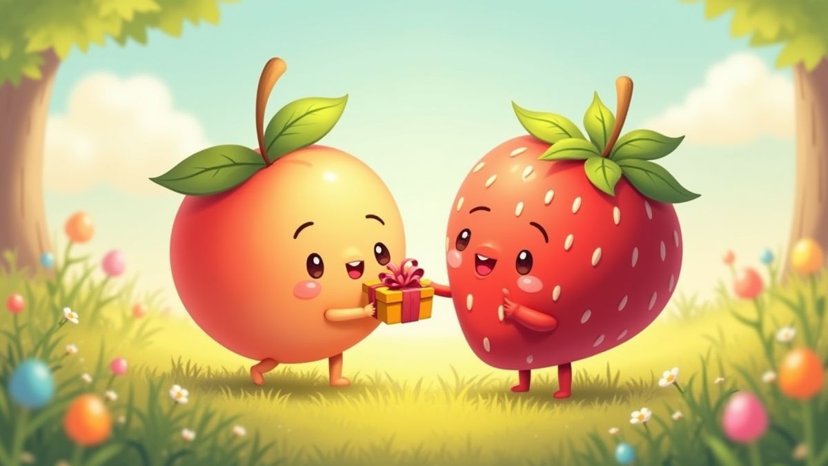 Pêche et fraise dans une prairie animée