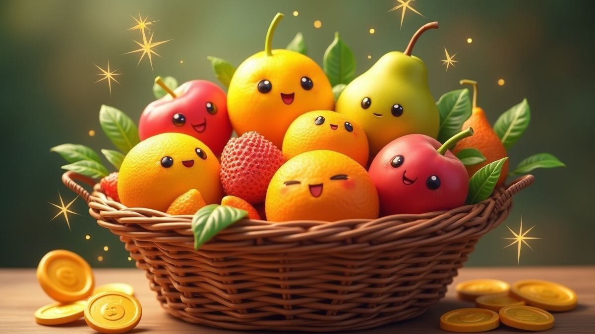 Panier de fruits avec des pièces et des trophées brillants