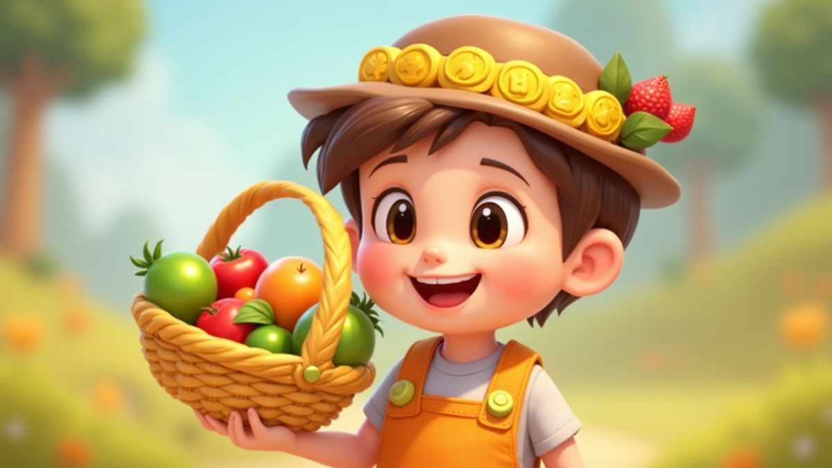 Un personnage animé joyeux avec des fruits et des pièces.