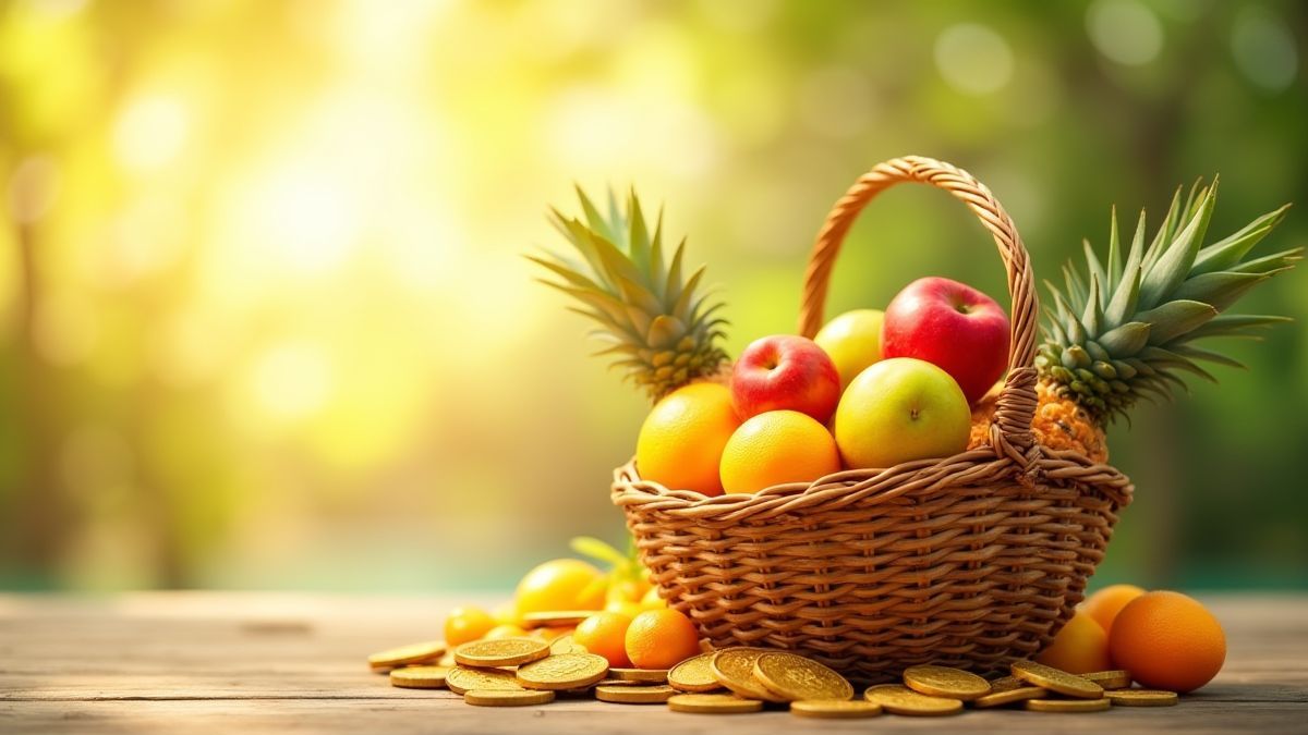 Cesta de frutas tropicales con monedas de oro y fondo soleado.