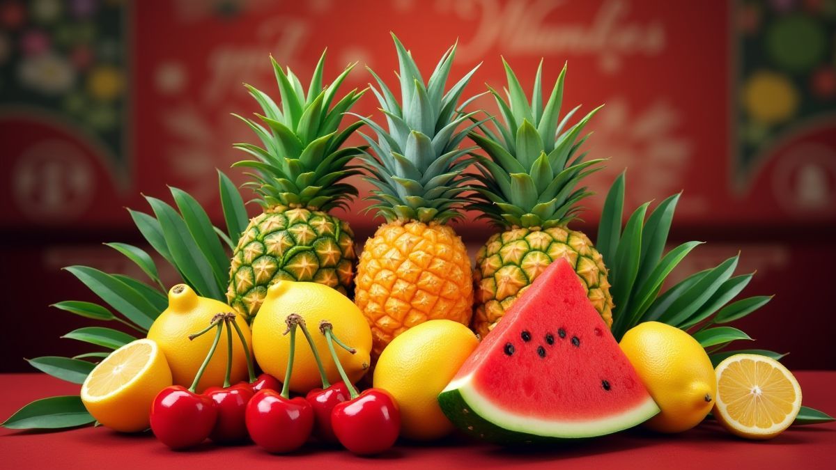 Frutas tropicais vibrantes em um ambiente de cassino retrô.