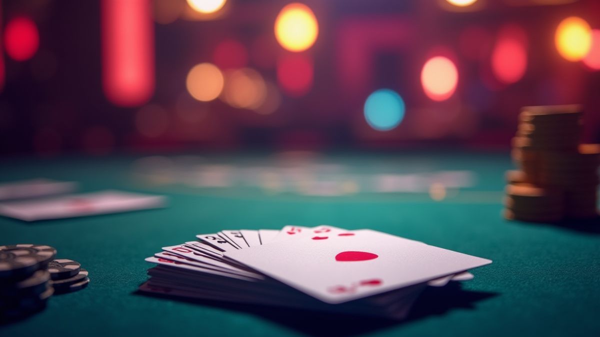 Uma baralho de cartas em uma mesa de cassino com luzes vibrantes.
