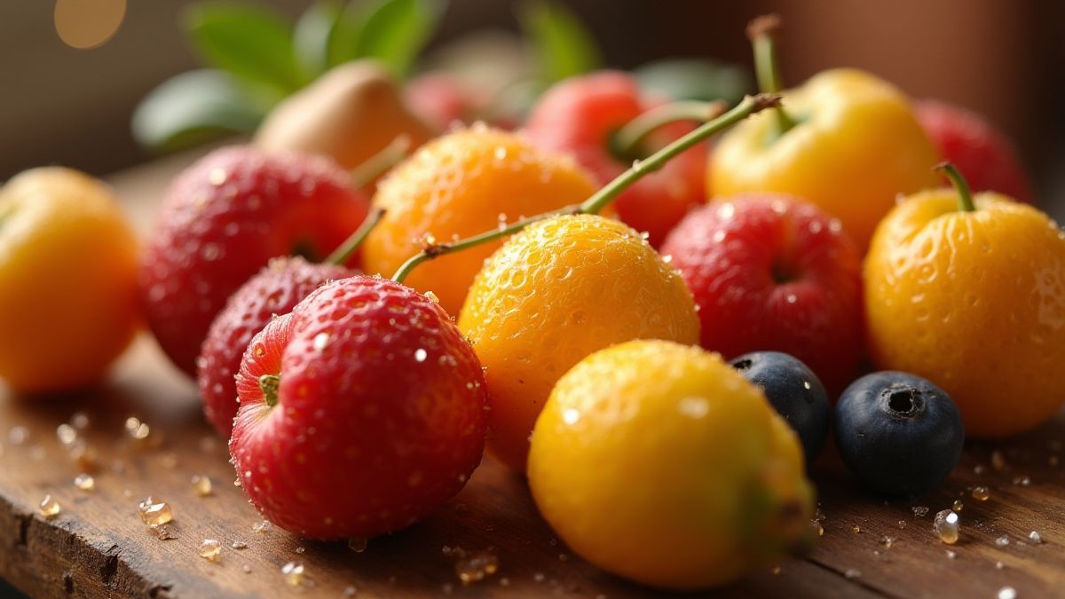 Frutas coloridas com efeitos brilhantes em uma mesa de madeira.