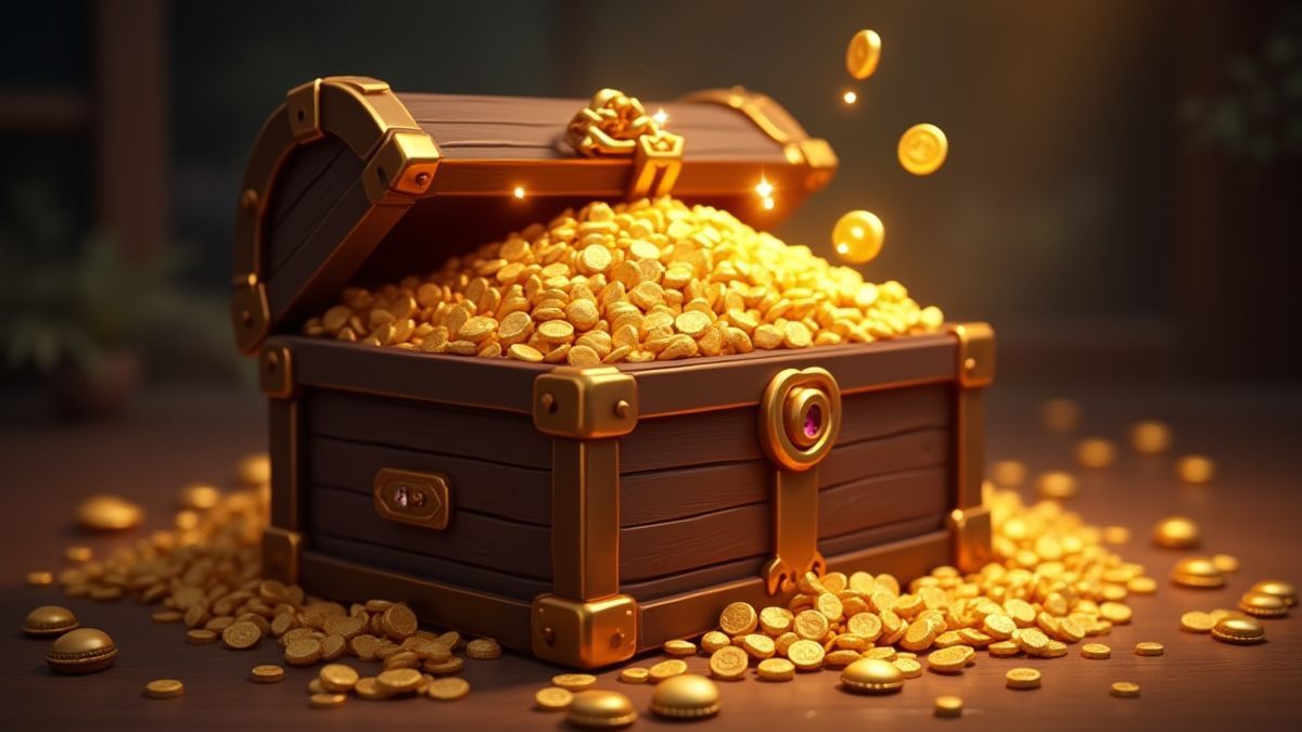 Um cofre cheio de moedas de ouro e gemas brilhantes.