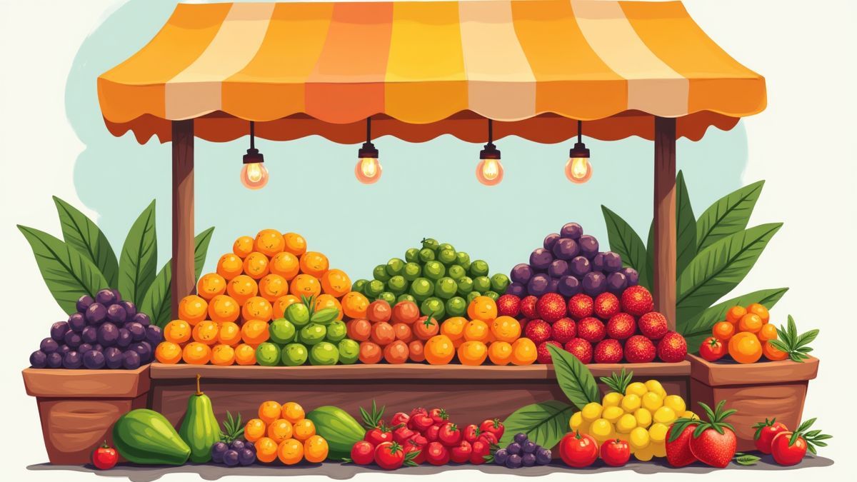 A market stall full of fresh, vibrant fruits