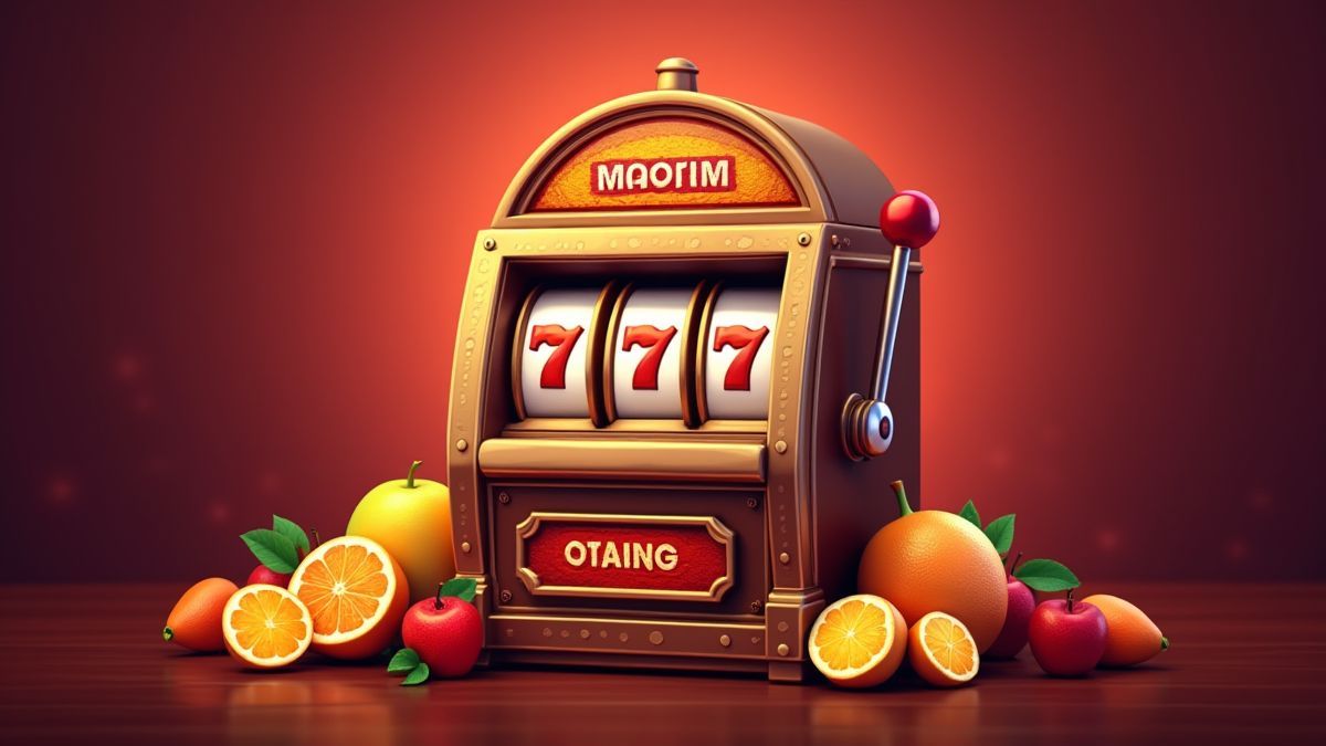 A retro slot machine surrounded by colorful fruits