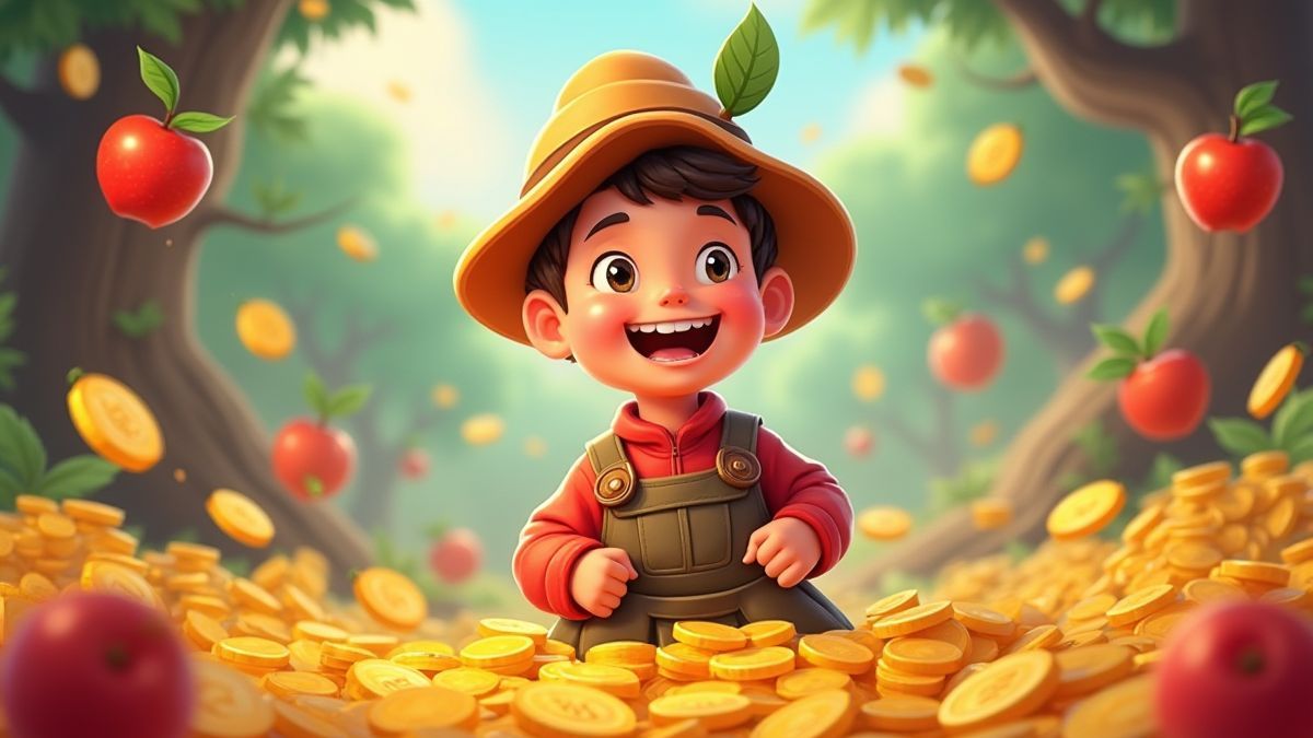 A happy player surrounded by fruits and golden coins