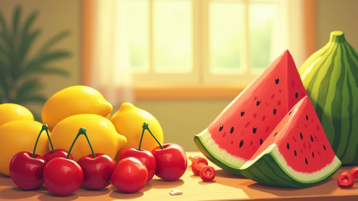 Animated image of cherries, lemons, and watermelons on a lit table.