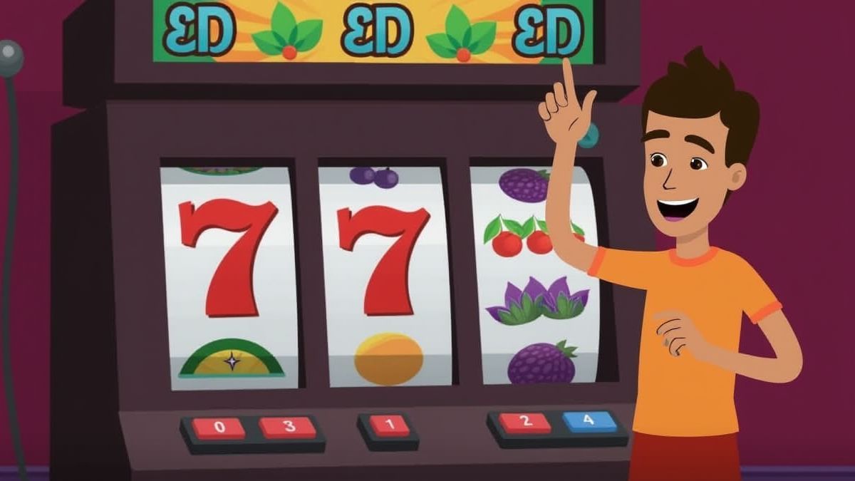 A person selecting their bet on a slot machine with fruit symbols.