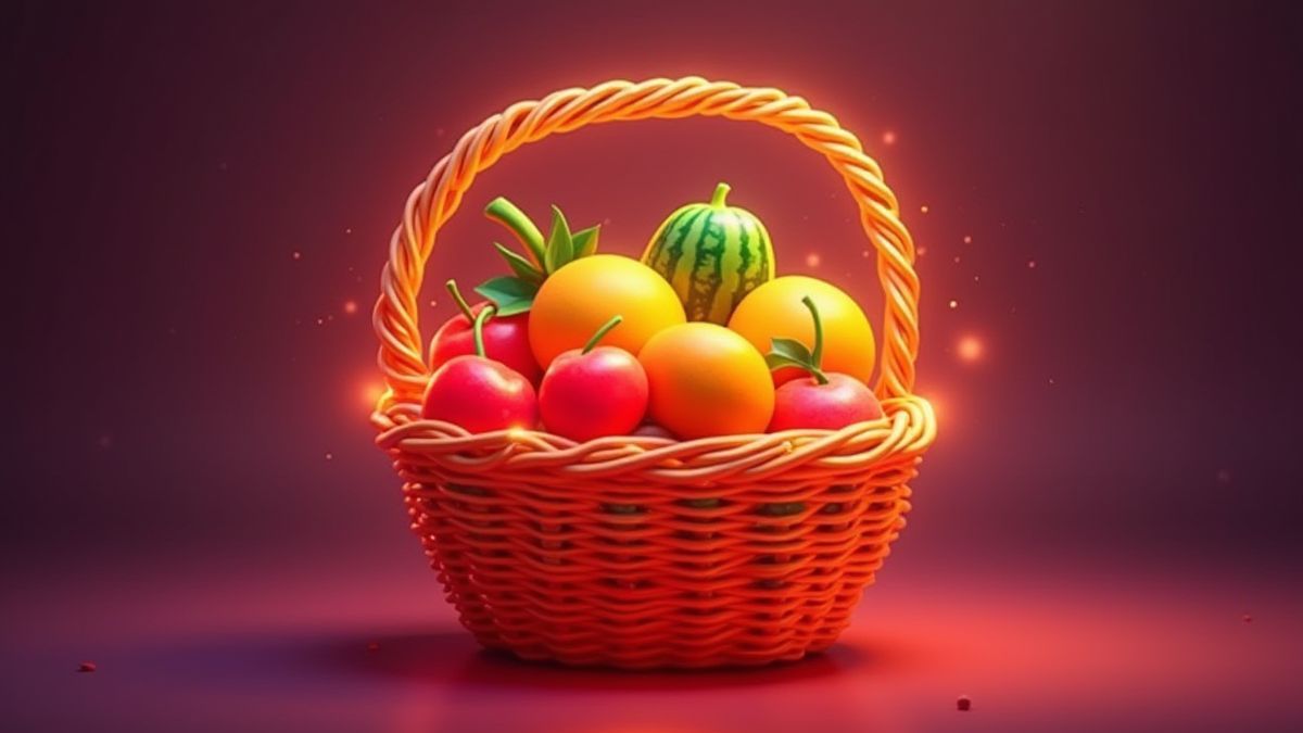 Um design animado com frutas brilhantes em um fundo colorido.
