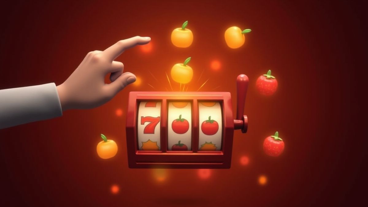 Uma mão animada pressionando o botão de uma máquina caça-níqueis com frutas ao redor.