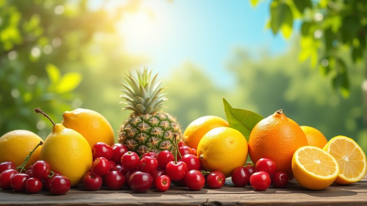 Frutas tropicales en una mesa de madera bajo el sol.