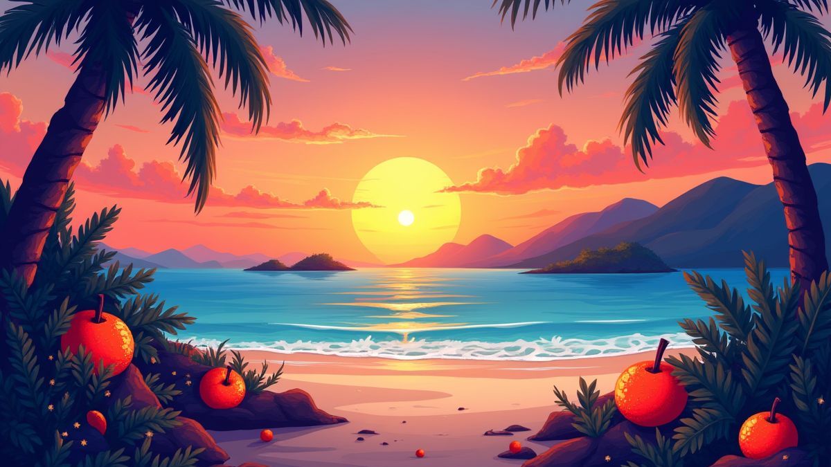 Isla tropical al atardecer con frutas brillantes.