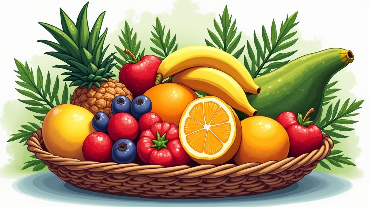 Tropical fruit basket in animated style.