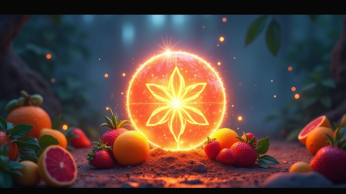 Glowing scatter symbol surrounded by tropical fruits.