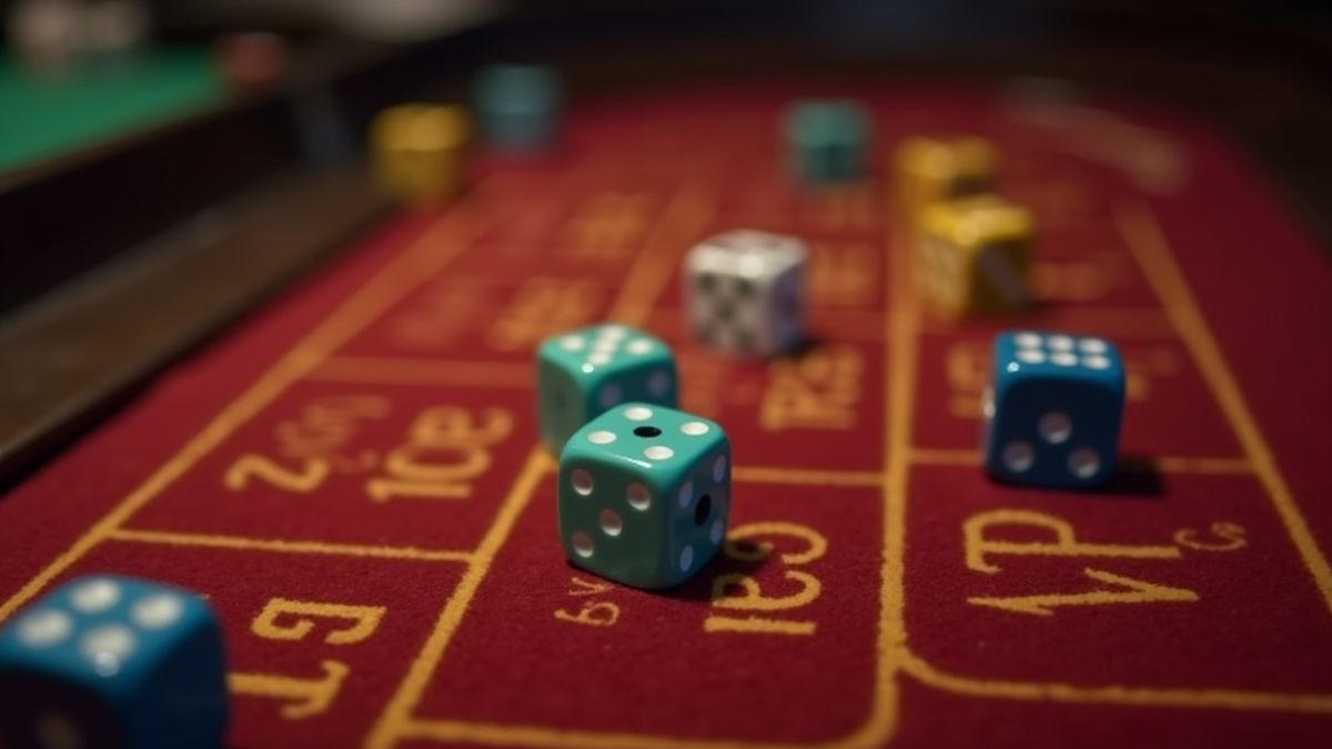 Colorful dice on a retro casino table.