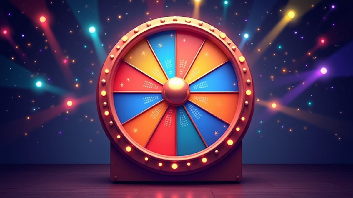 Spinning wheel of fortune with bright lights.