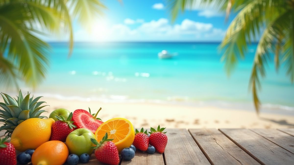 Playa tropical con frutas frescas sobre una mesa de madera.