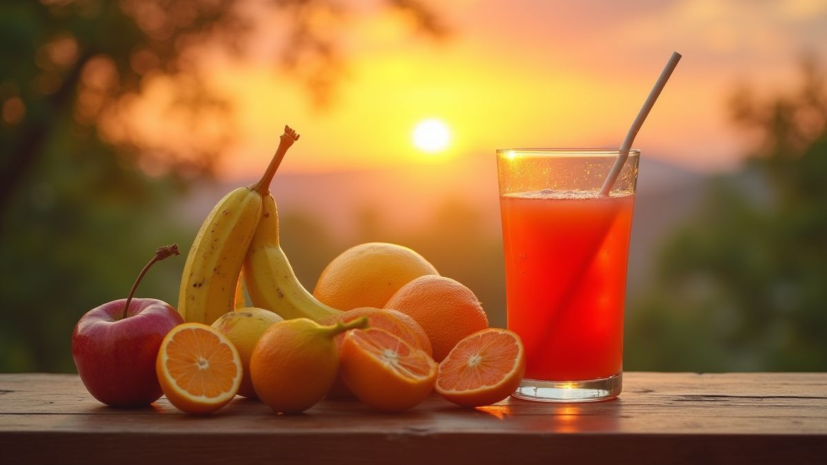 Mesa de madera con frutas frescas y un vaso de jugo al atardecer.