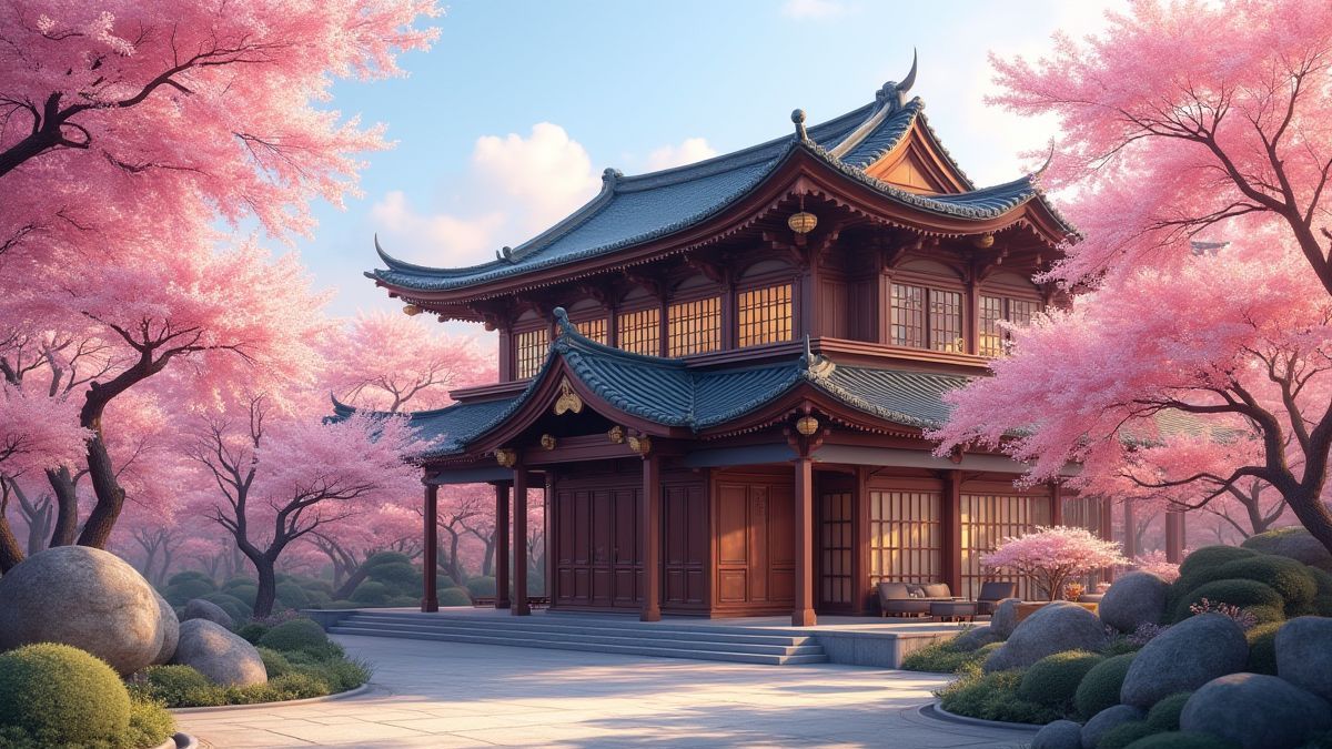 Asian mansion surrounded by cherry trees