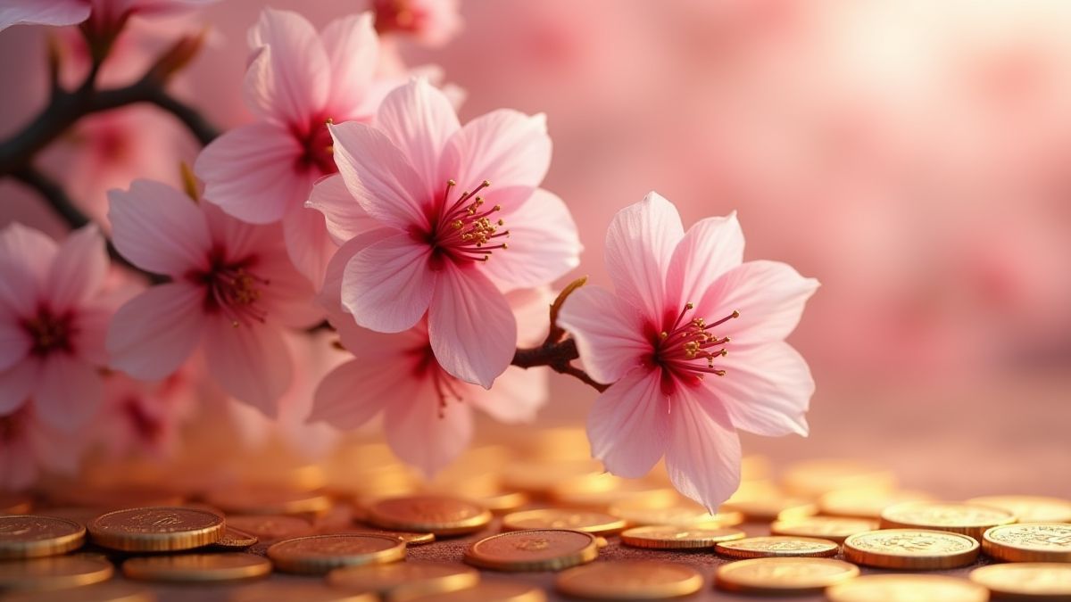 Cherry blossoms over golden coins in an Asian setting.