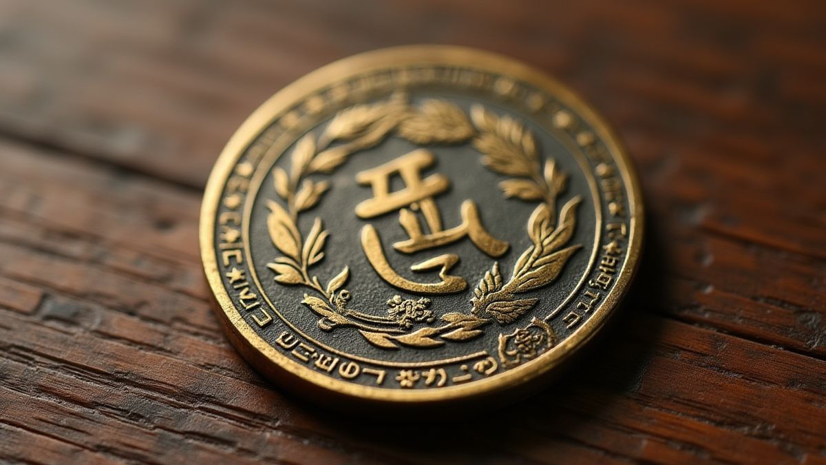 Asian coin with carvings placed on a wooden table.